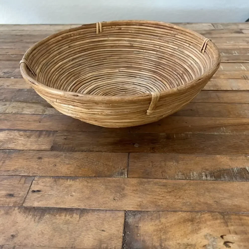 Vintage Mid Century Pencil Bamboo Coiled Handmade Basket Bowl 11.5
